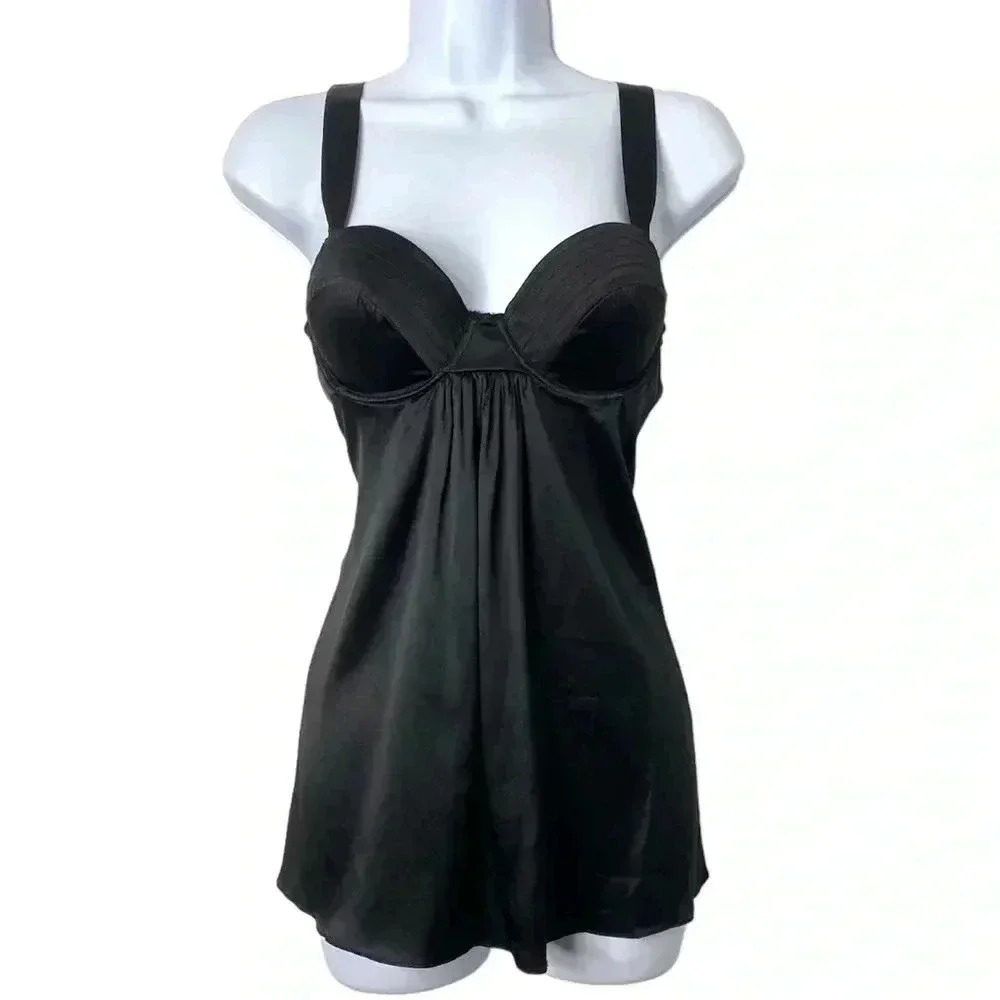 In Bloom by Jonquil Black Silk Chemise Babydoll Nightgown